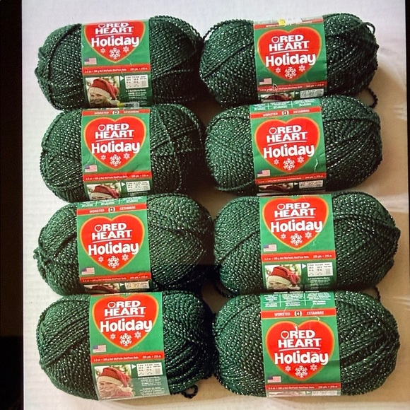 Lot of 8 New Skeins of Red Heart Holiday Yarn Green with Gold Metallic